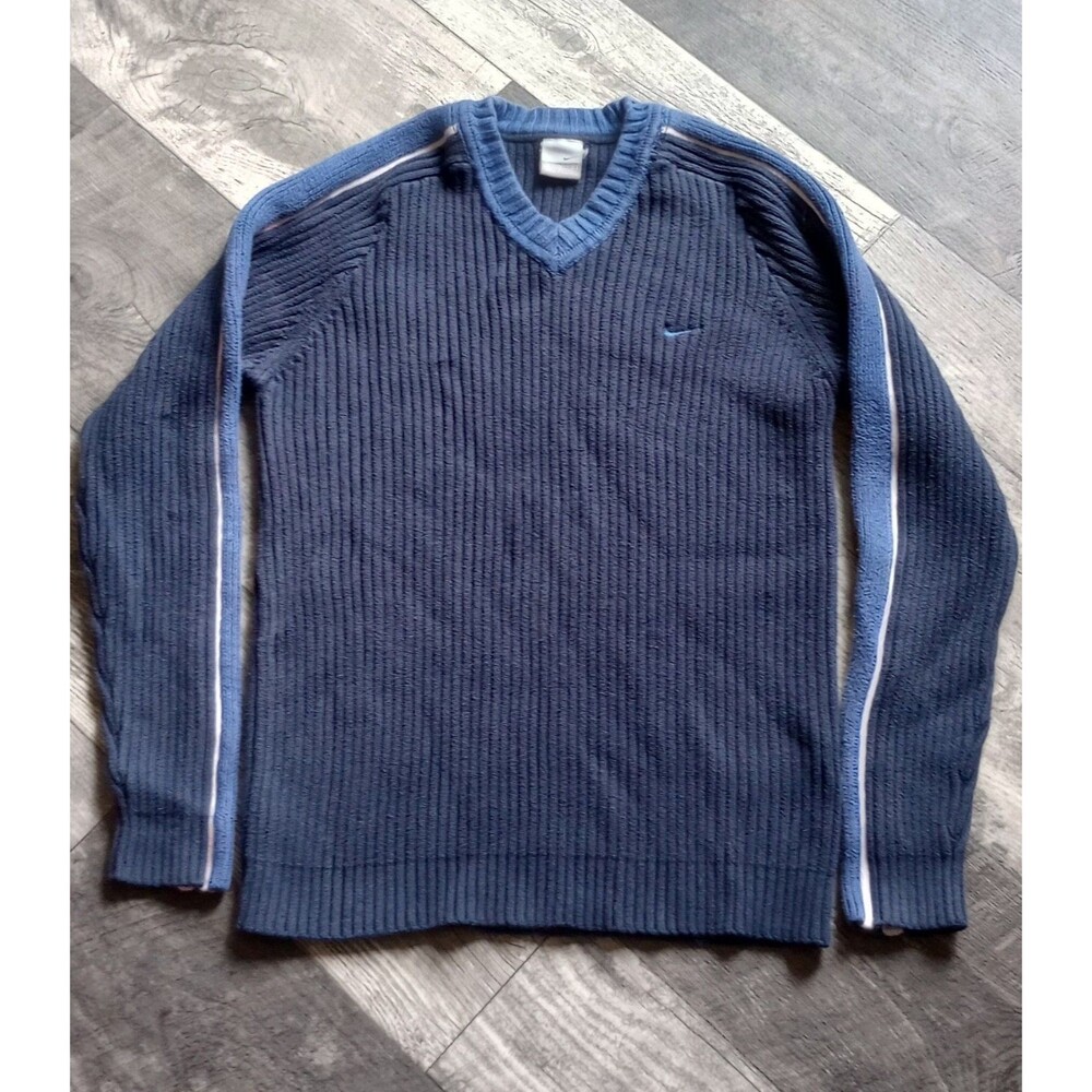 Nike Women's Size M Navy Blue V-Neck Sweater With Light Blue Trim, Vtg